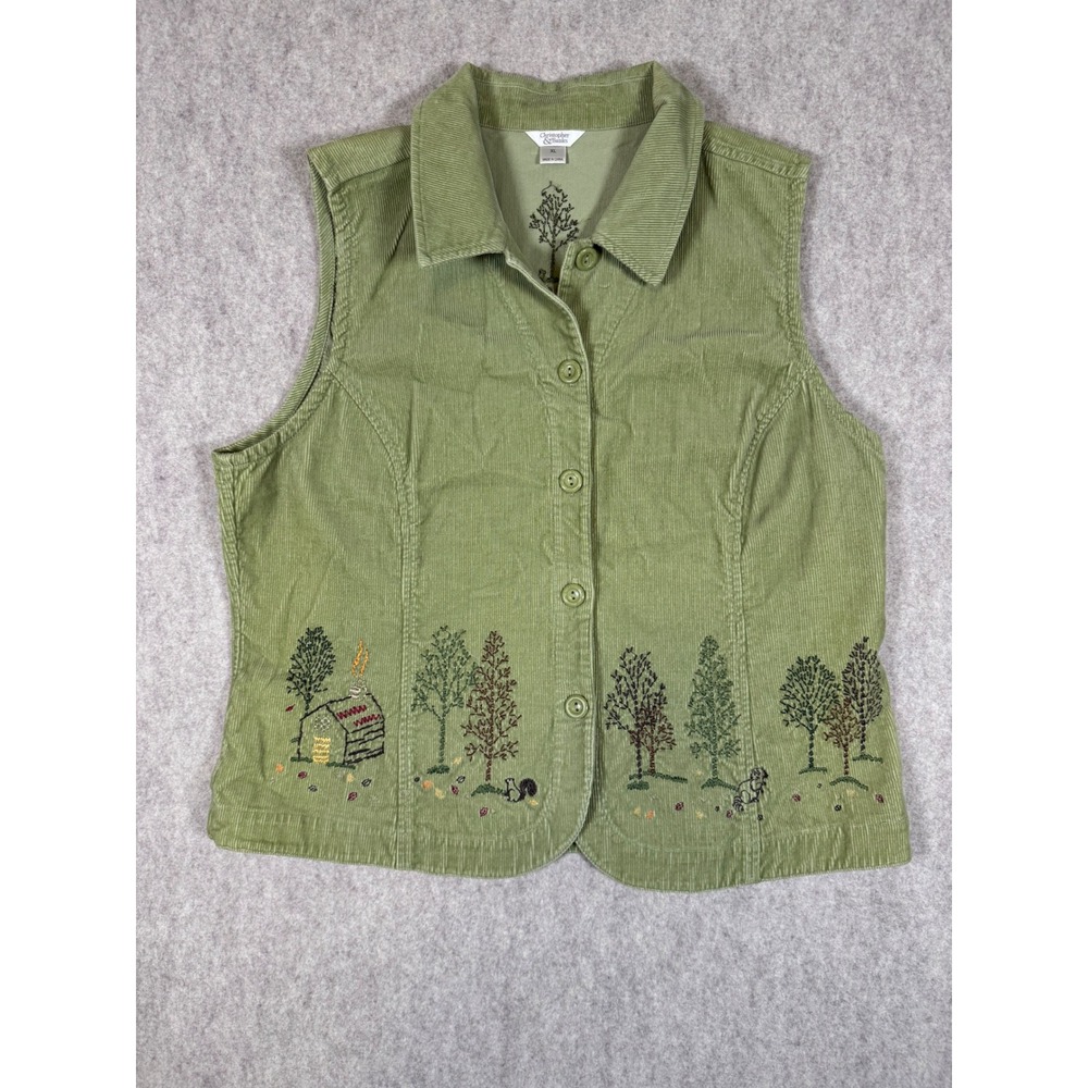 k34: Cottagecore Green Corduroy Embroidered Nature Cabin Vest Size XL